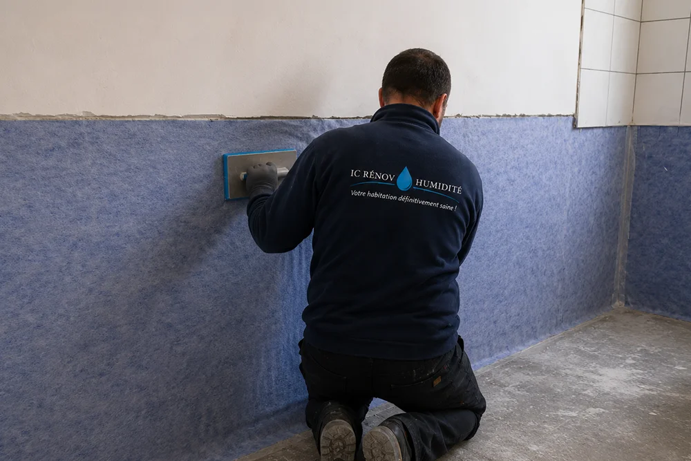 Homme posant une membrane étanche anti salpêtre sur un mur