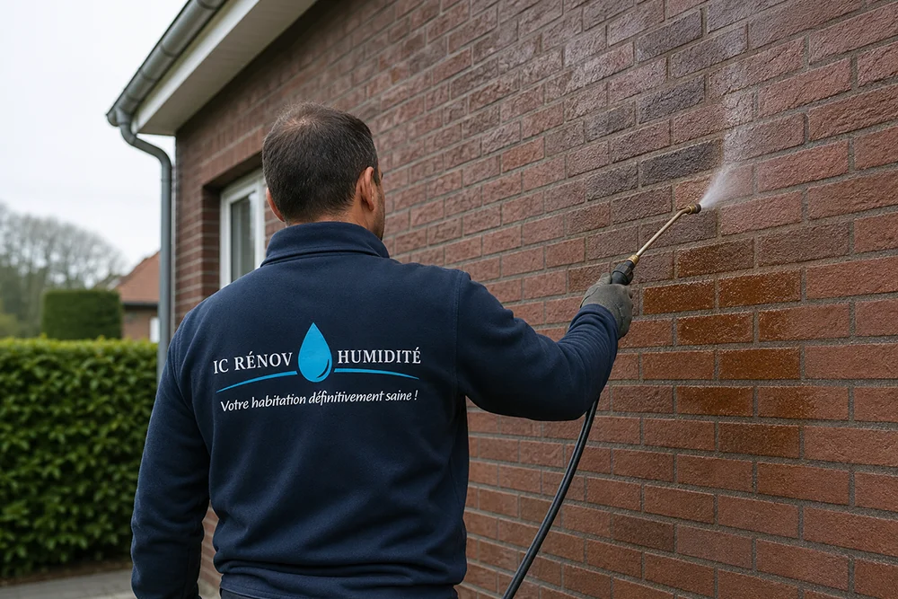 Homme entrain d'appilquer un produit hydrofuge sur une façade